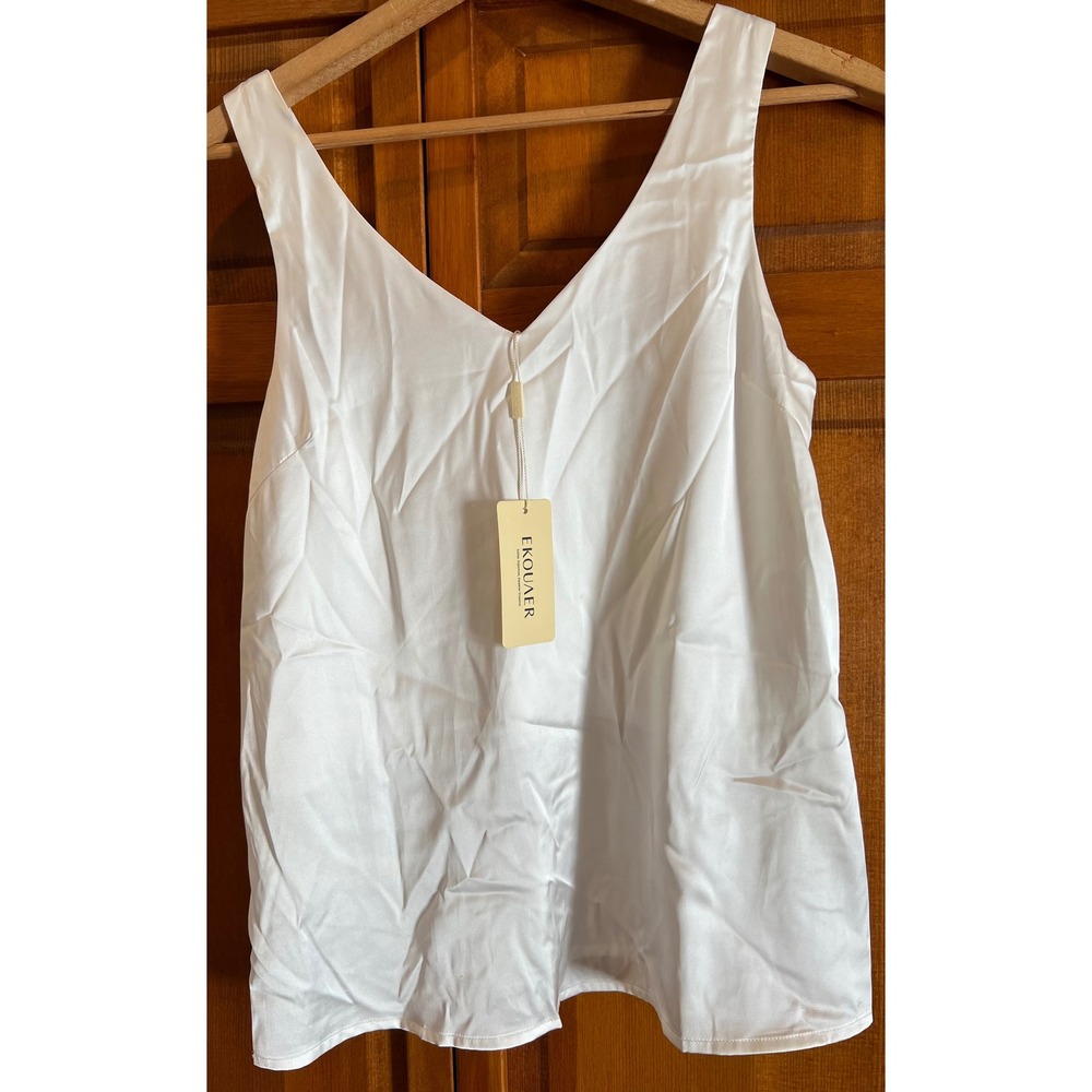 Ekouaer White Satin V-Neck Camisole Sleeveless Pajama Top Women XS NWT